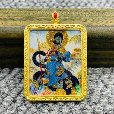 正品洒金手绘蟒大仙唐卡道牌护身符吊坠铜镀金噶乌盒