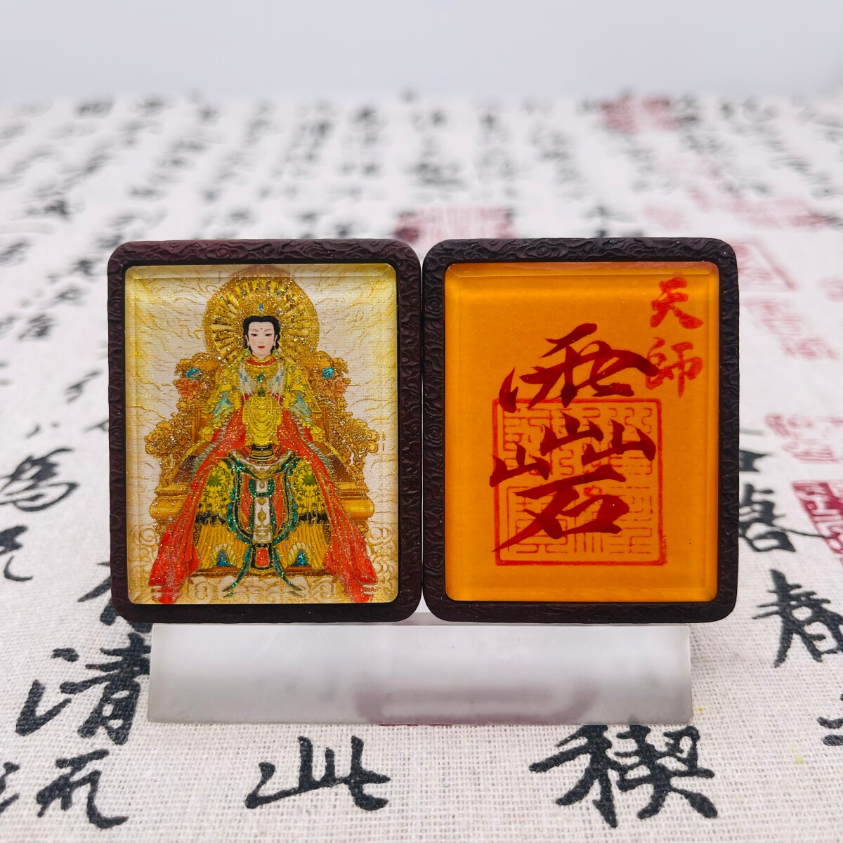 双面洒金手绘碧霞元君+纯手绘讳字枣木唐卡道牌吊坠镶银南斗北斗