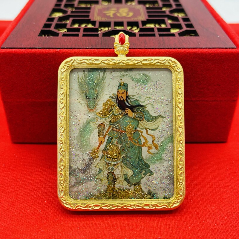 正品洒金手绘武财神关羽关公唐卡道牌护身符吊坠金色噶乌盒