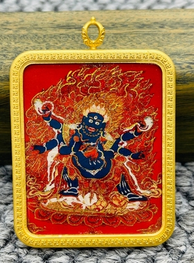 正品洒金纯手绘六臂黑玛哈嘎拉唐卡佛牌护身符吊坠牌铜镀金噶乌盒