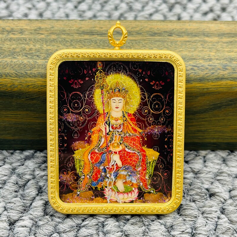 正品洒金手绘地藏王菩萨唐卡佛牌护身符吊坠牌金色噶乌盒