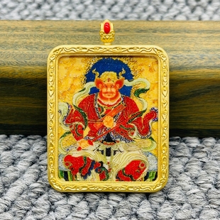 正品洒金纯手绘王灵官唐卡道牌护身符吊坠铜镀金噶乌盒