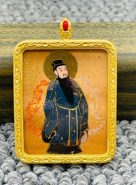 正品洒金手绘吕祖唐卡道牌护身符吊坠铜镀金噶乌盒