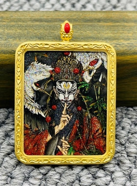 正品洒金纯手绘白鹤童子唐卡道牌护身符吊坠铜镀金噶乌盒