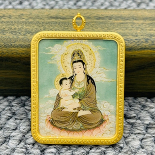 正品洒金纯手绘送子观音唐卡佛牌护身符吊坠铜镀金噶乌盒车挂饰品
