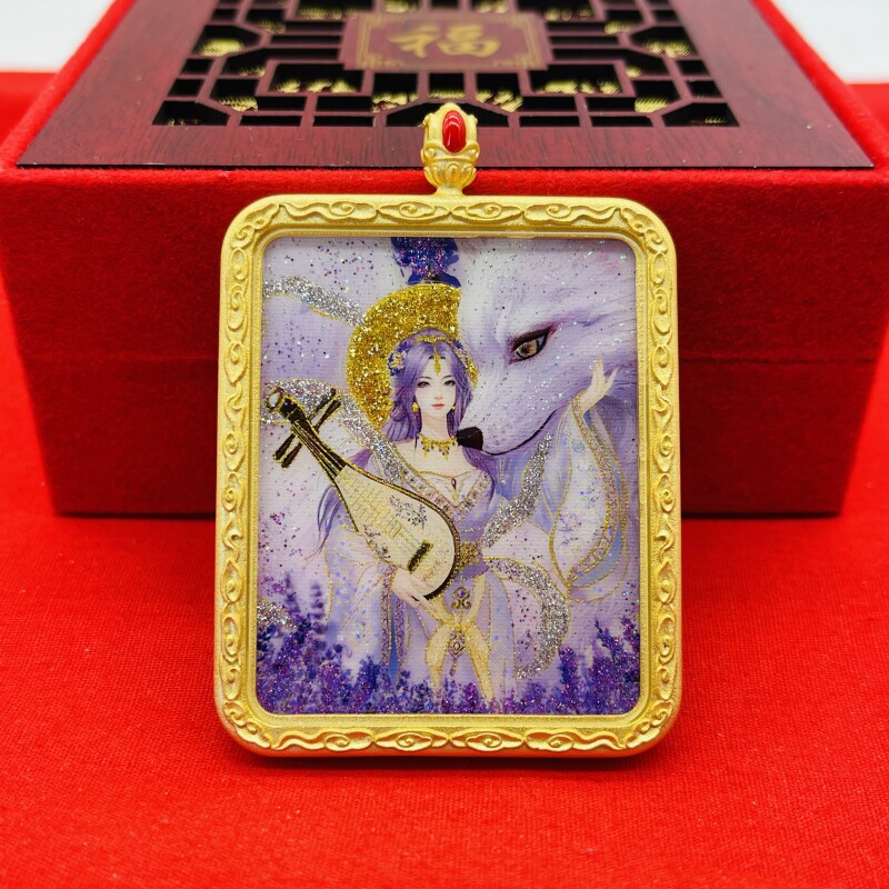 正品洒金手绘美女狐狸唐卡道牌护身符吊坠牌金色噶乌盒