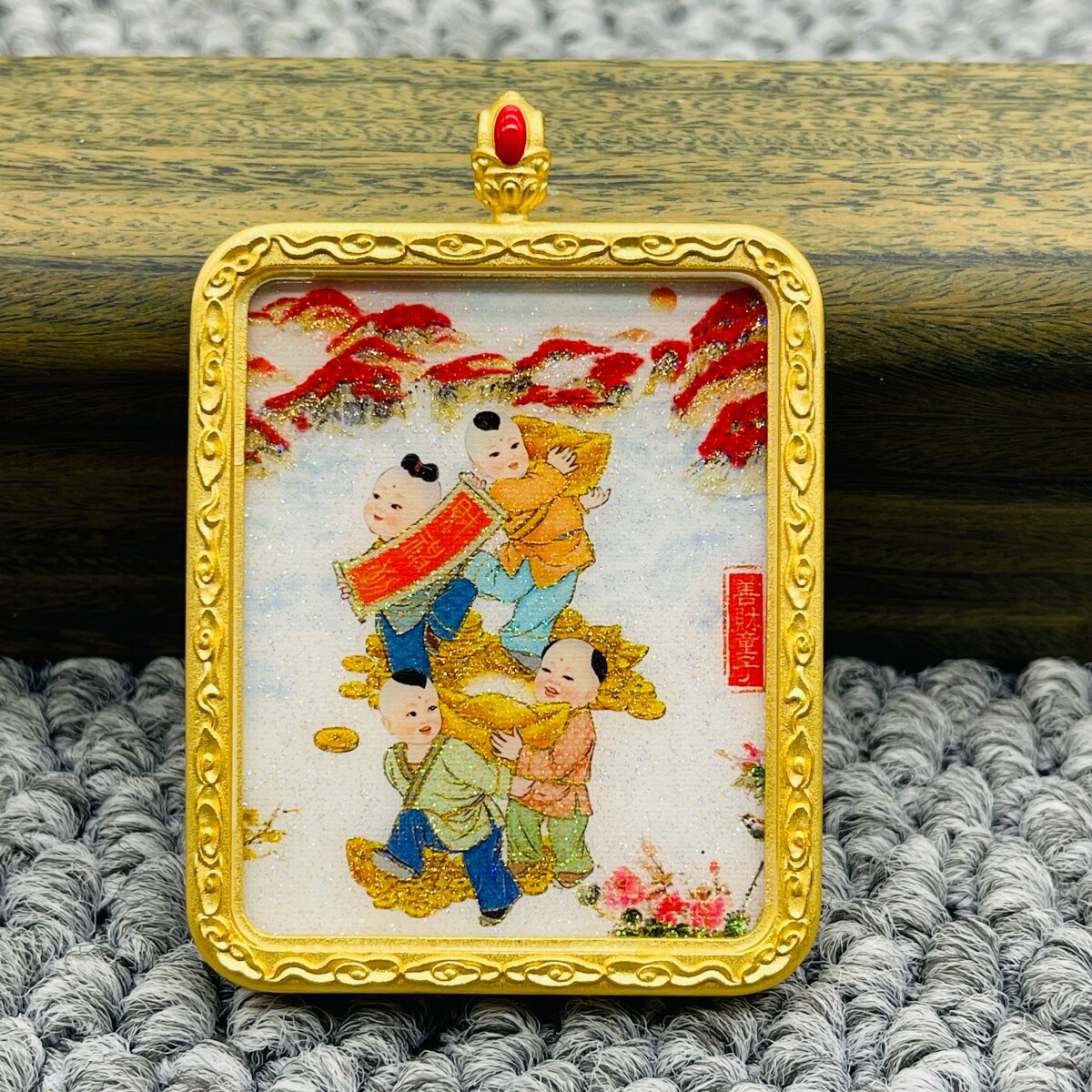 正品洒金手绘善财童子招财童子唐卡道牌护身符吊坠金色噶乌盒