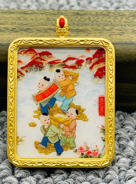 正品洒金手绘善财童子招财童子唐卡道牌护身符吊坠铜镀金噶乌盒