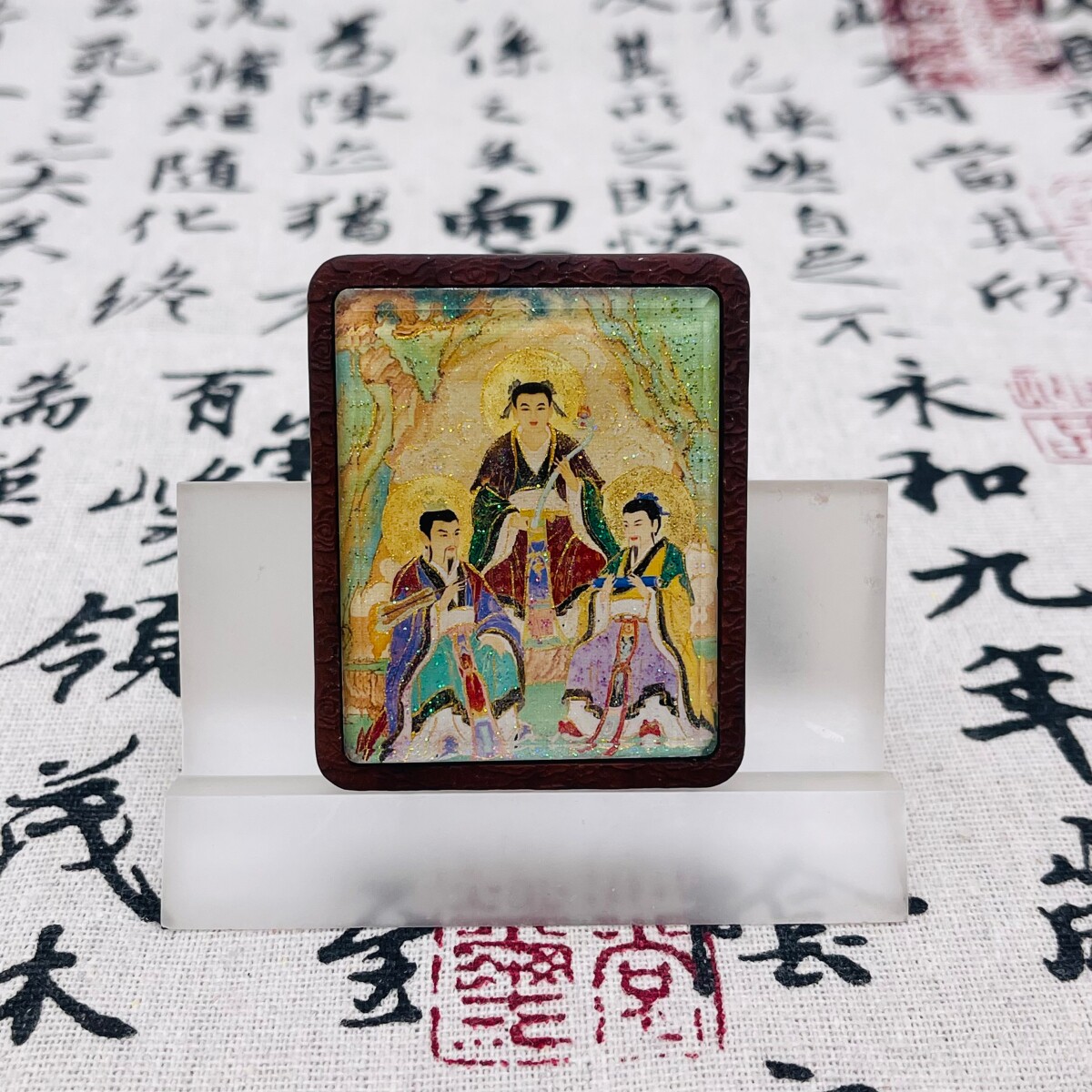 双面洒金手绘三茅真君+纯手绘五雷枣木唐卡道牌吊坠镶银南斗北斗
