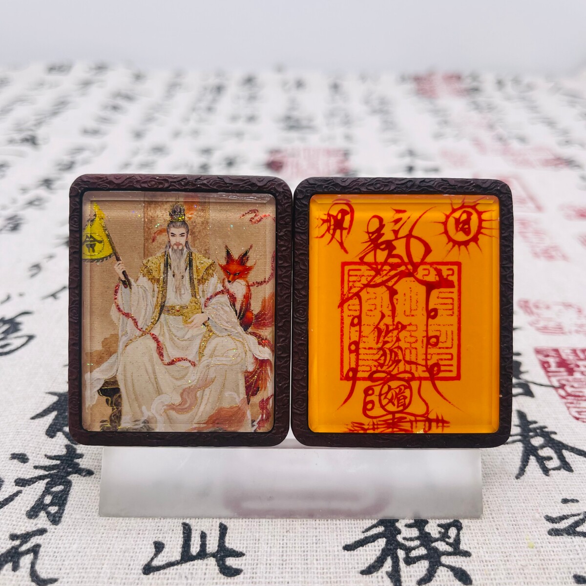 双面洒金手绘胡三太爷胡三太奶+纯手绘讳字枣木唐卡道牌镶银北斗