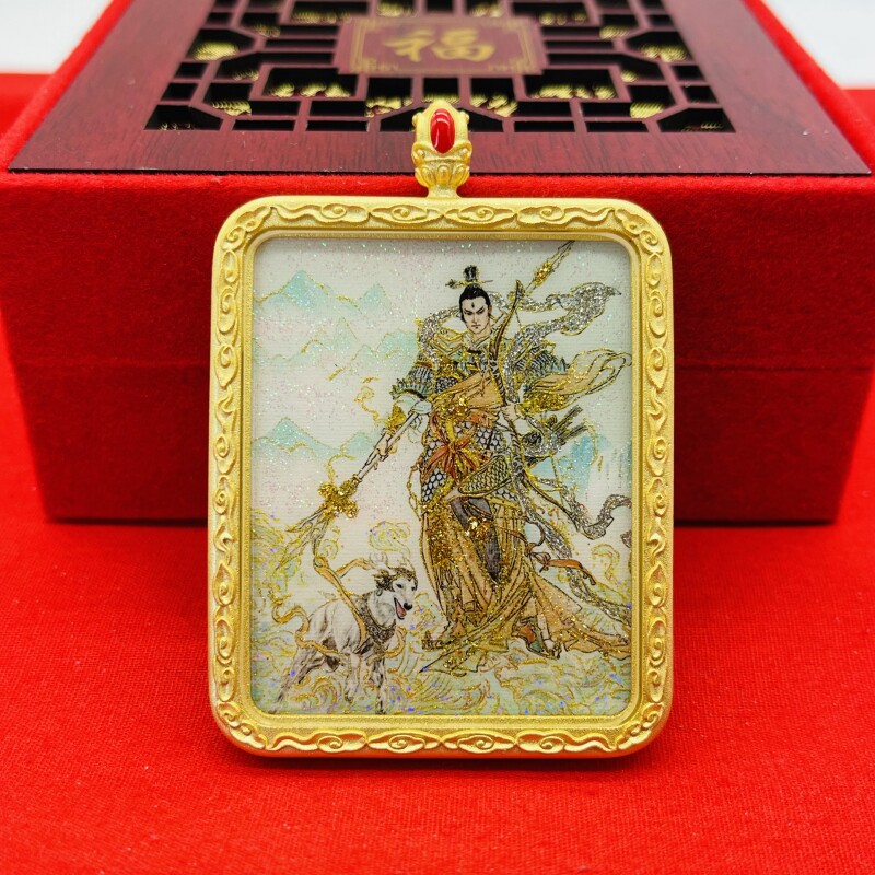 正品洒金手绘二郎神真君杨戬唐卡道牌护身符吊坠金色噶乌盒