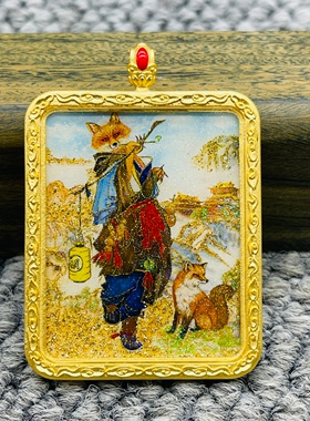 正品洒金手绘狐大仙唐卡道牌护身符吊坠铜镀金噶乌盒