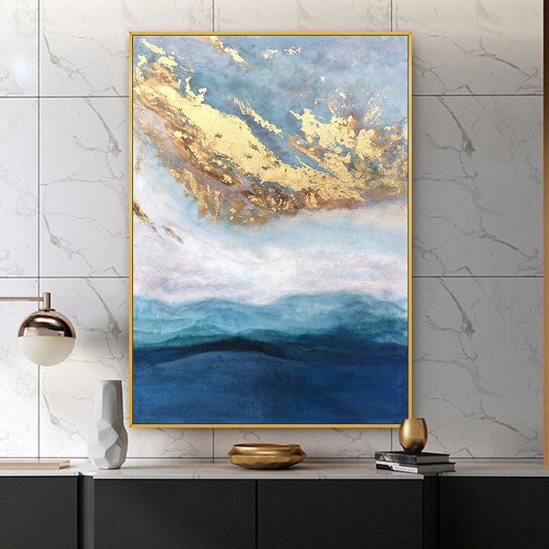 手绘油画现代简约抽象金色轻奢装饰画云海玄关过道连廊壁画有框