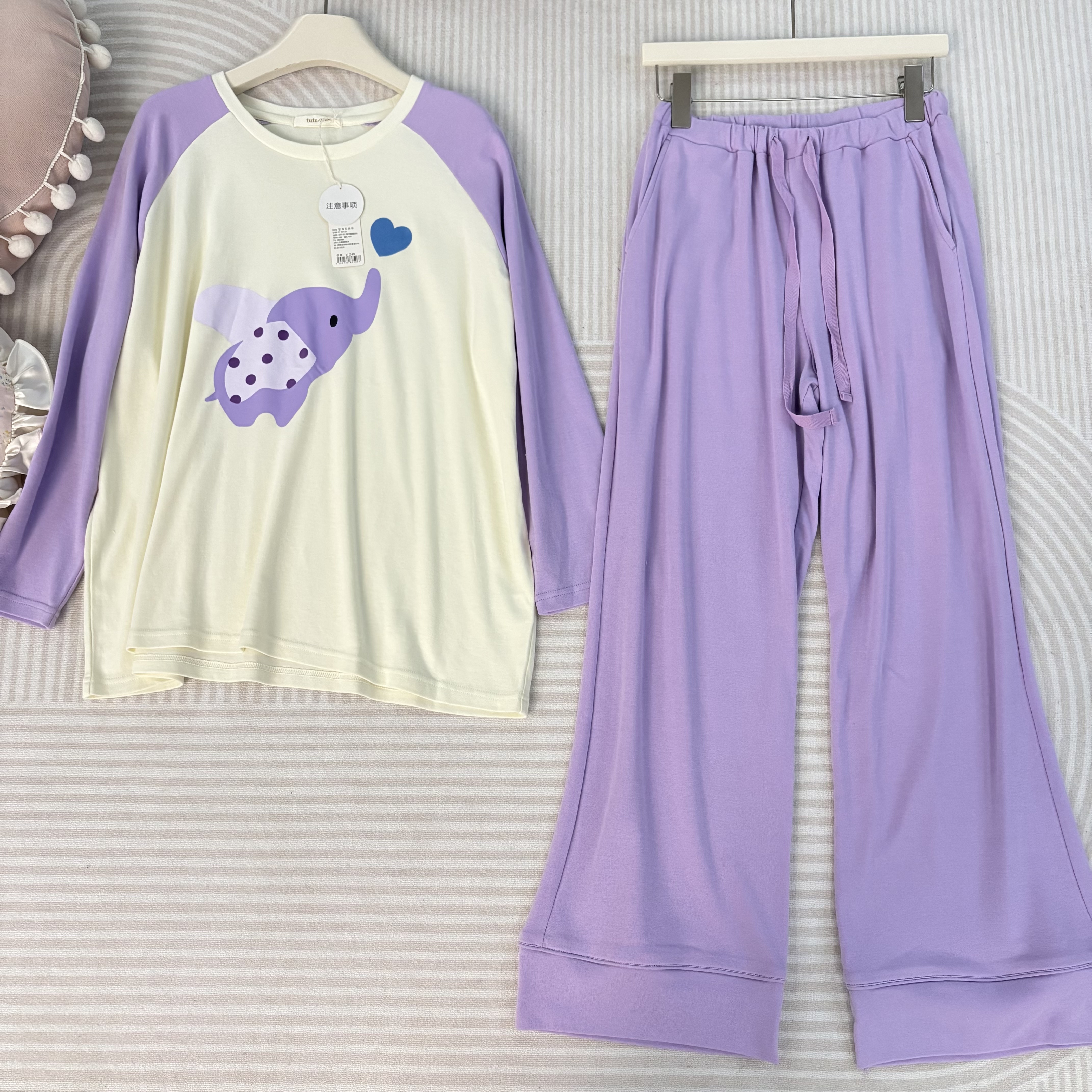 日本 tutuanna 可爱小飞象印花长袖长裤纯棉家居服女睡衣套装