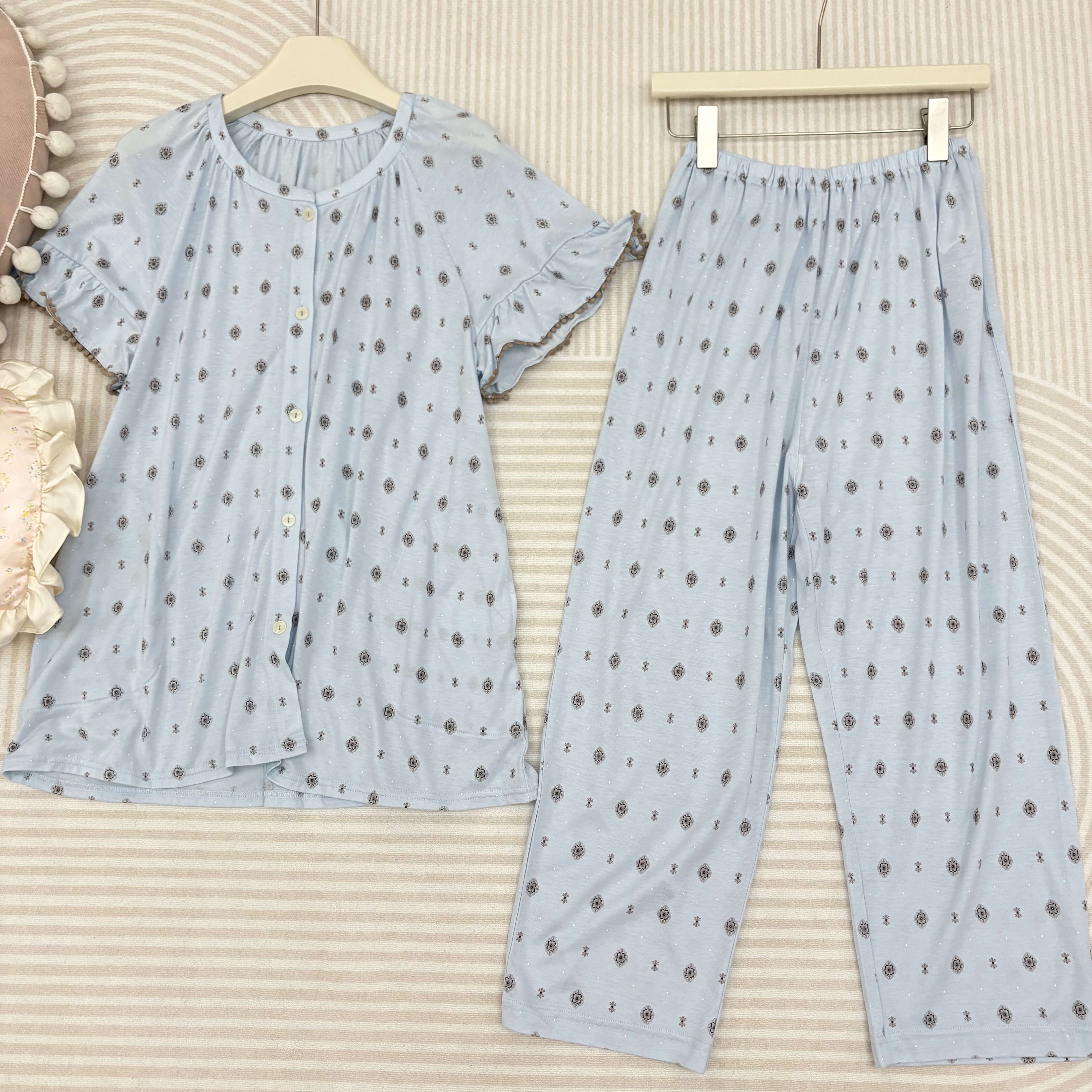 日本 Narue 天丝纯棉法式古典印花短袖八分裤家居服女款睡衣套装