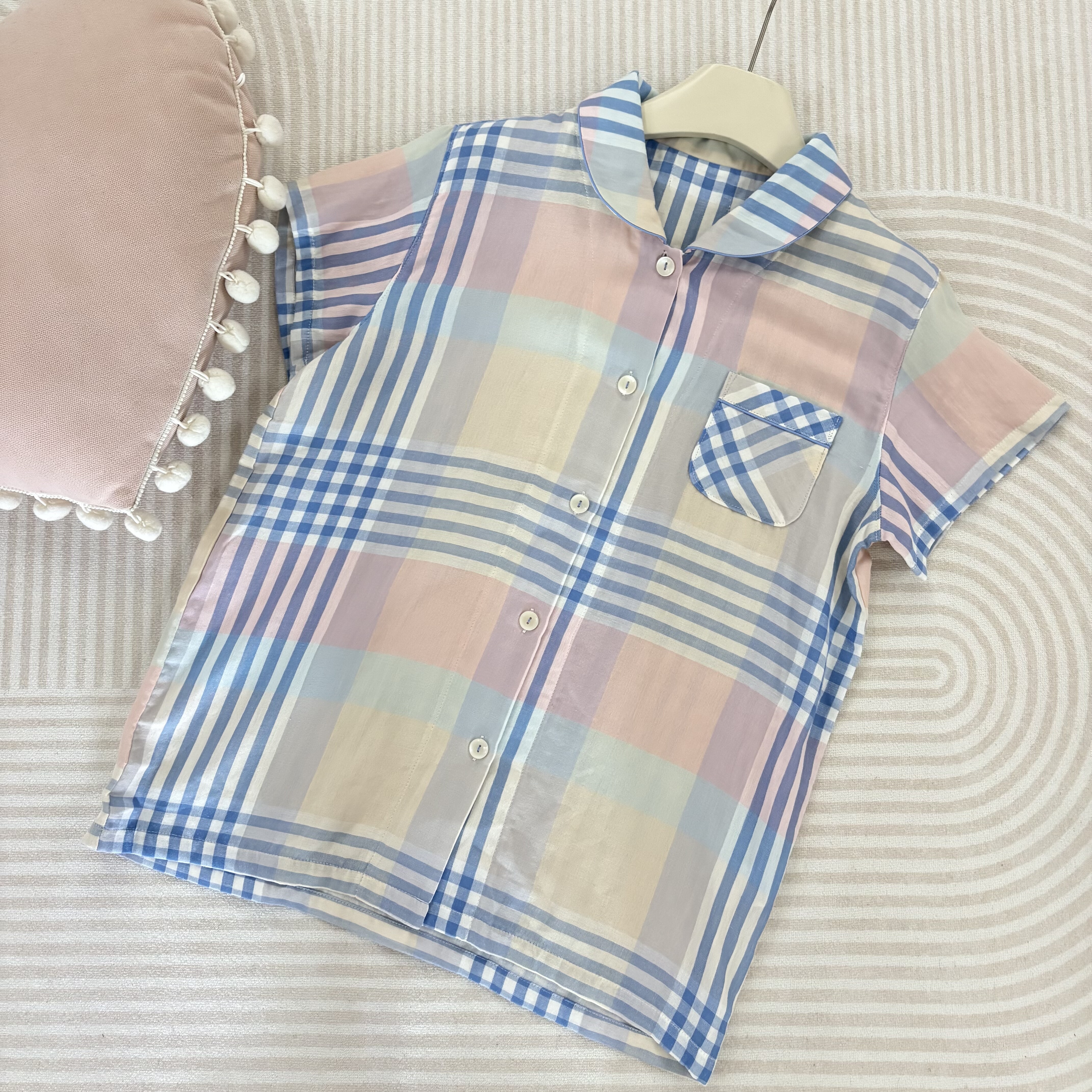 日本Narue 纯棉双层纱布格纹翻领短袖家居服睡衣单上衣女款开胸扣