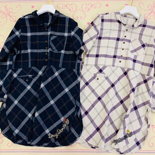 日本小众贵牌drug store’s纯棉小猪刺绣长袖上衣格纹衬衫裙设计