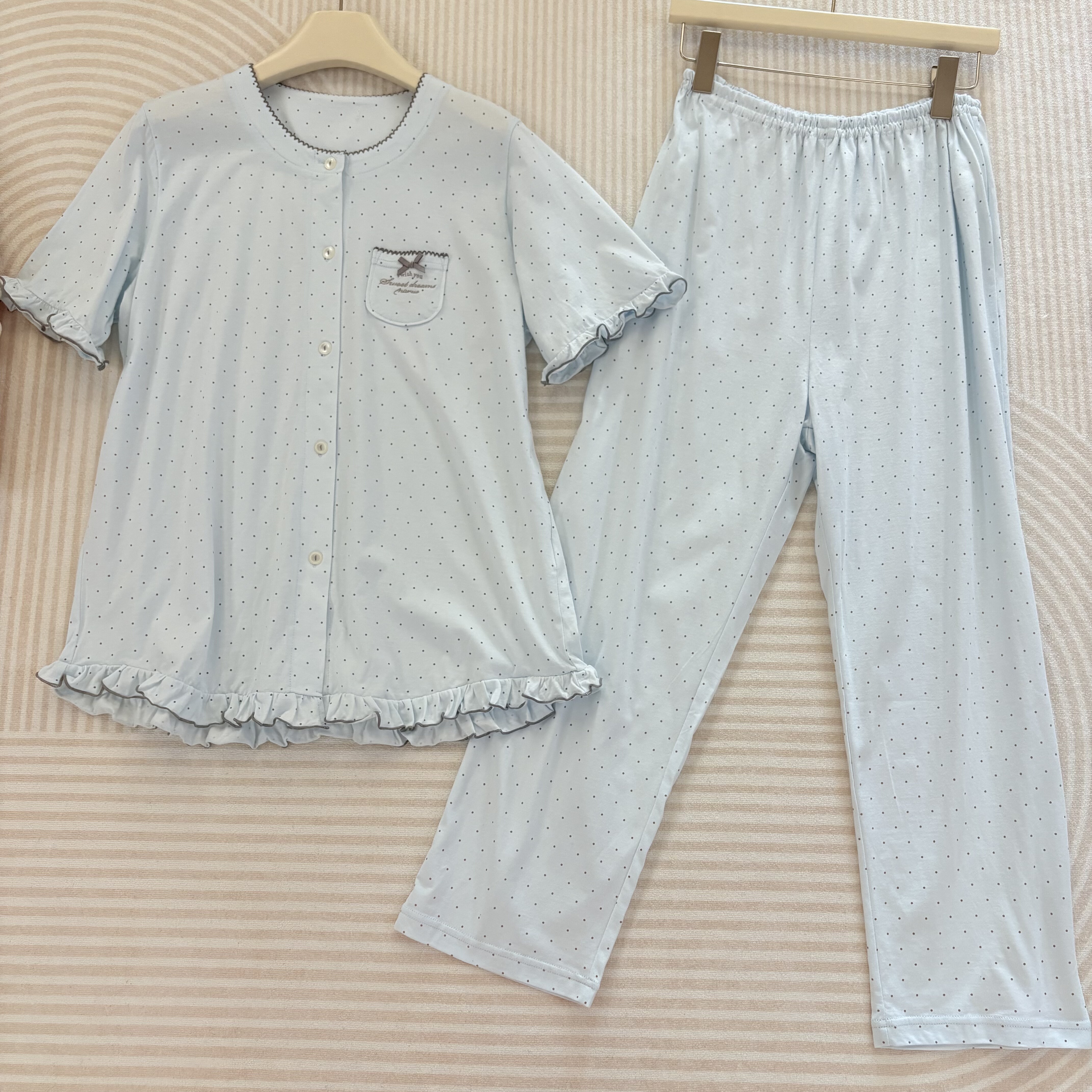 日本 Narue甜美波点印花天竺纯棉舒适荷叶边短袖家居服女睡衣套装