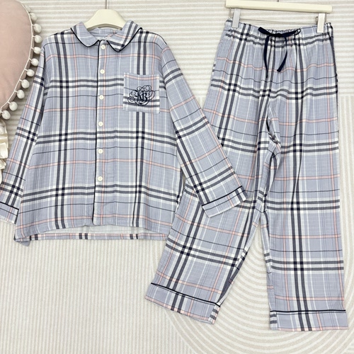 日本高端 kid blue 纯棉双层纱布格纹翻领长袖家居服女睡衣套装