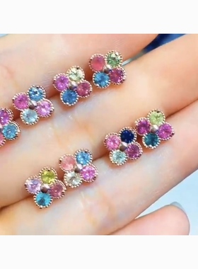 天然巴西碧玺S925银耳钉绿色黄色粉色多宝幸运草女款饰品礼物促销