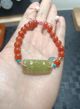 纯天然南红玛瑙圆珠搭配和田玉手牌手链s925银手串新品促销送女友