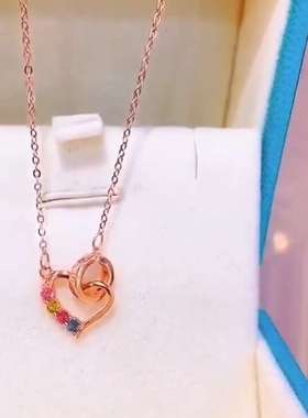 天然巴西碧玺项链心心相印吊坠925银一体链时尚百搭多彩宝石女款