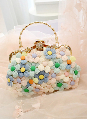 CANA&KANA洋气手工小众手提包布艺花朵可爱泡芙包包单肩斜挎链条