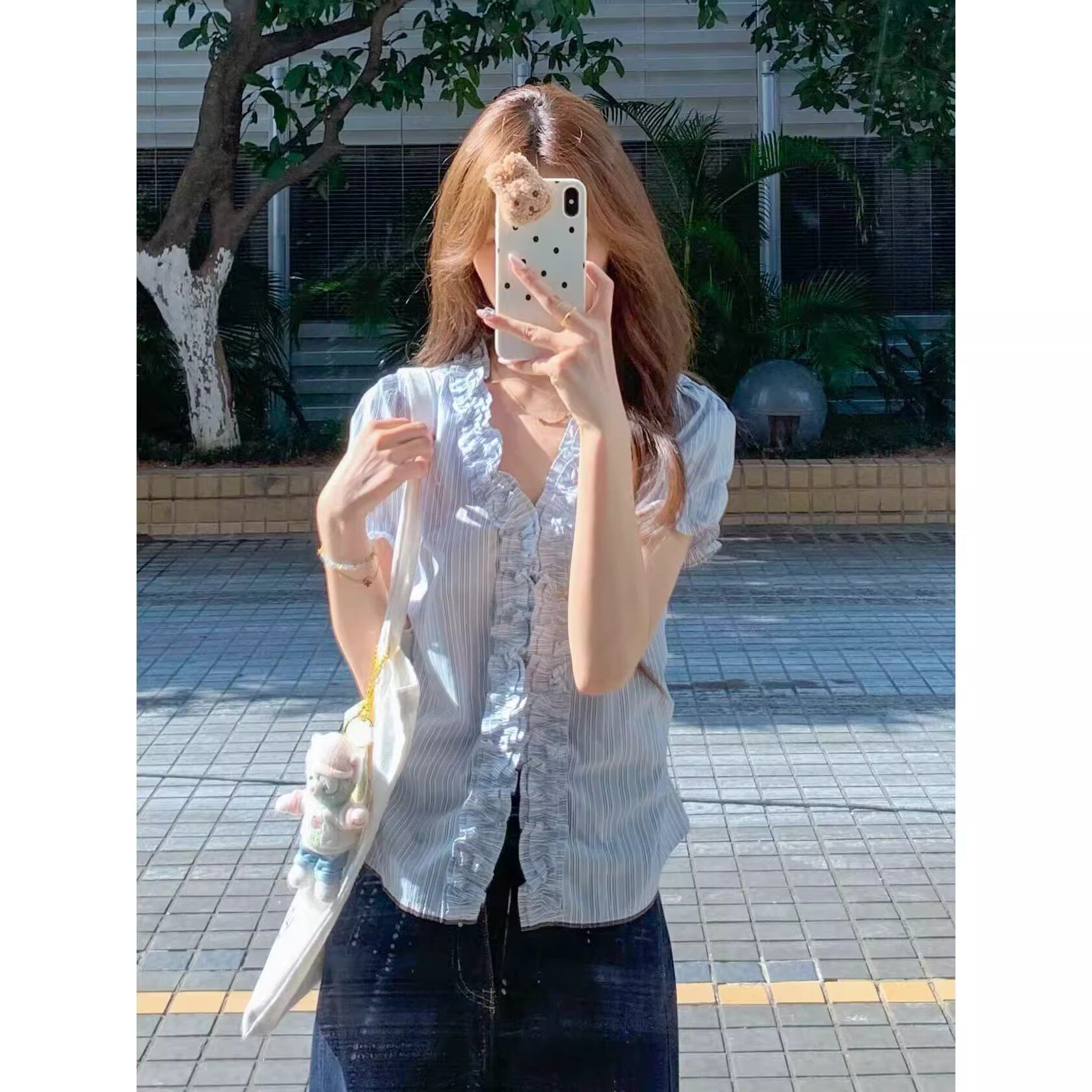 日系复古蓝色木耳边条纹短袖衬衫女款夏季小个子宽松休闲衬衣上衣