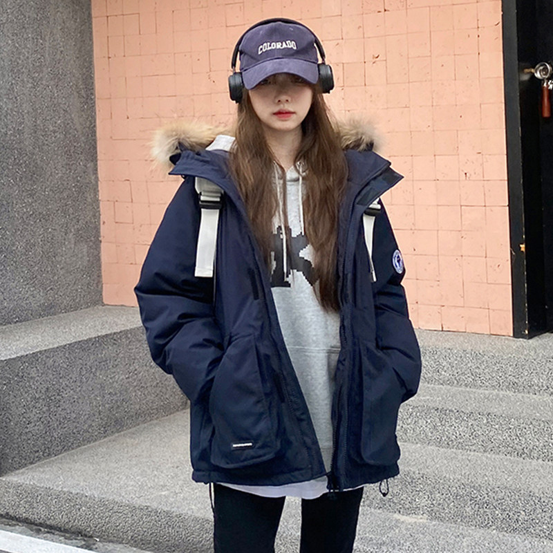 藏蓝色工装羽绒棉服派克服女小个子韩系休闲宽松冬季毛领加厚外套