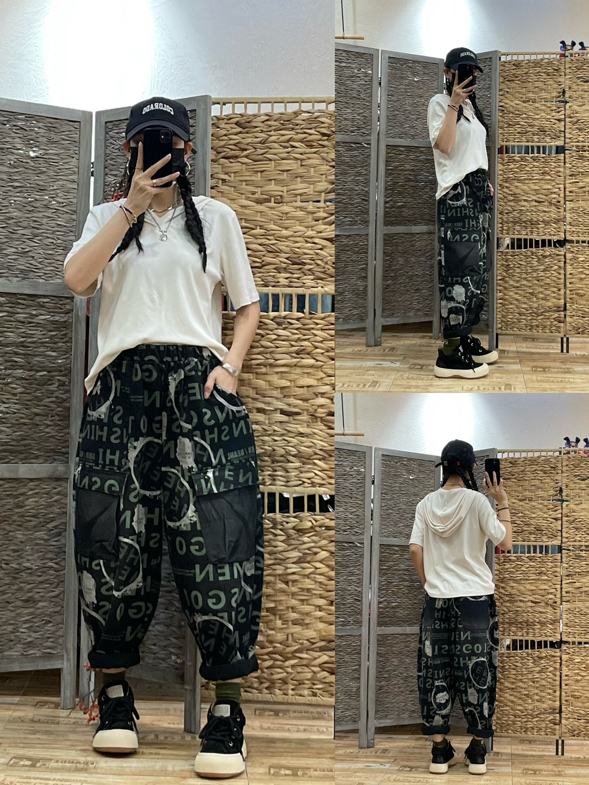 复古印花牛仔休闲裤女 2024年春季新款宽松大口袋洋气九分哈伦裤