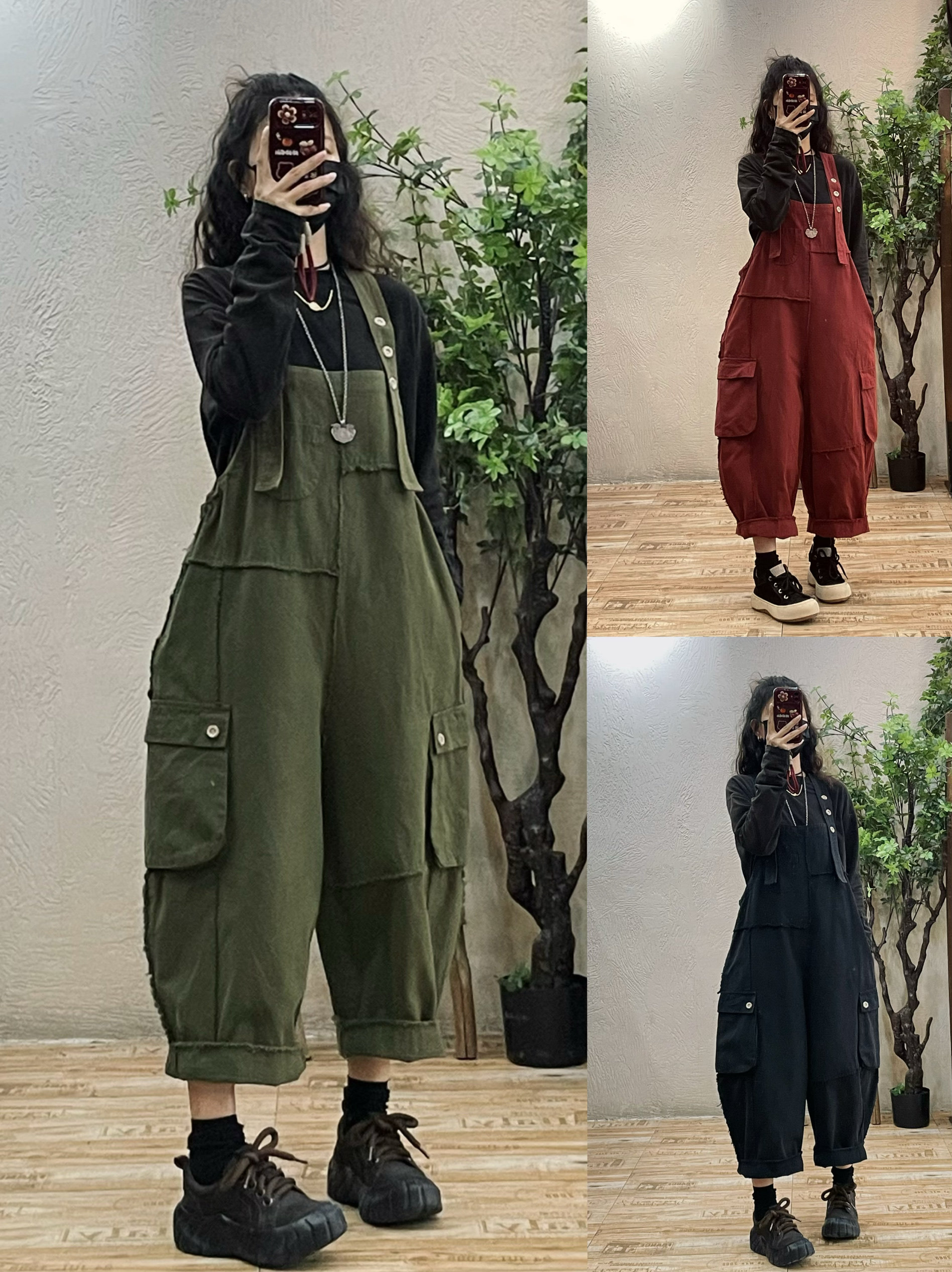 纯色牛仔背带裤女2025年春夏新款宽松显瘦水洗个性毛边九分工装裤