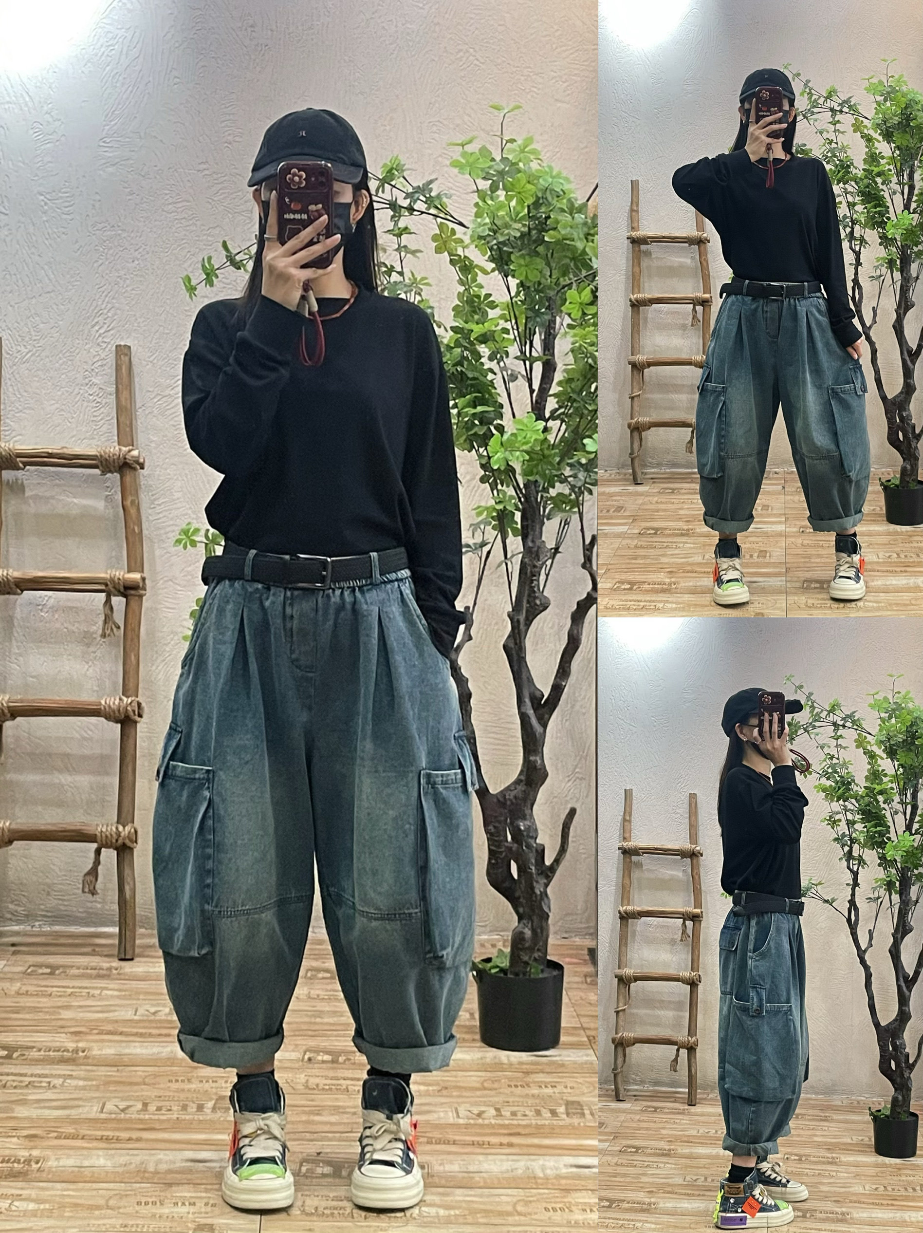 复古做旧工装牛仔裤女2025春夏新款宽松显瘦个性大码哈伦裤九分裤