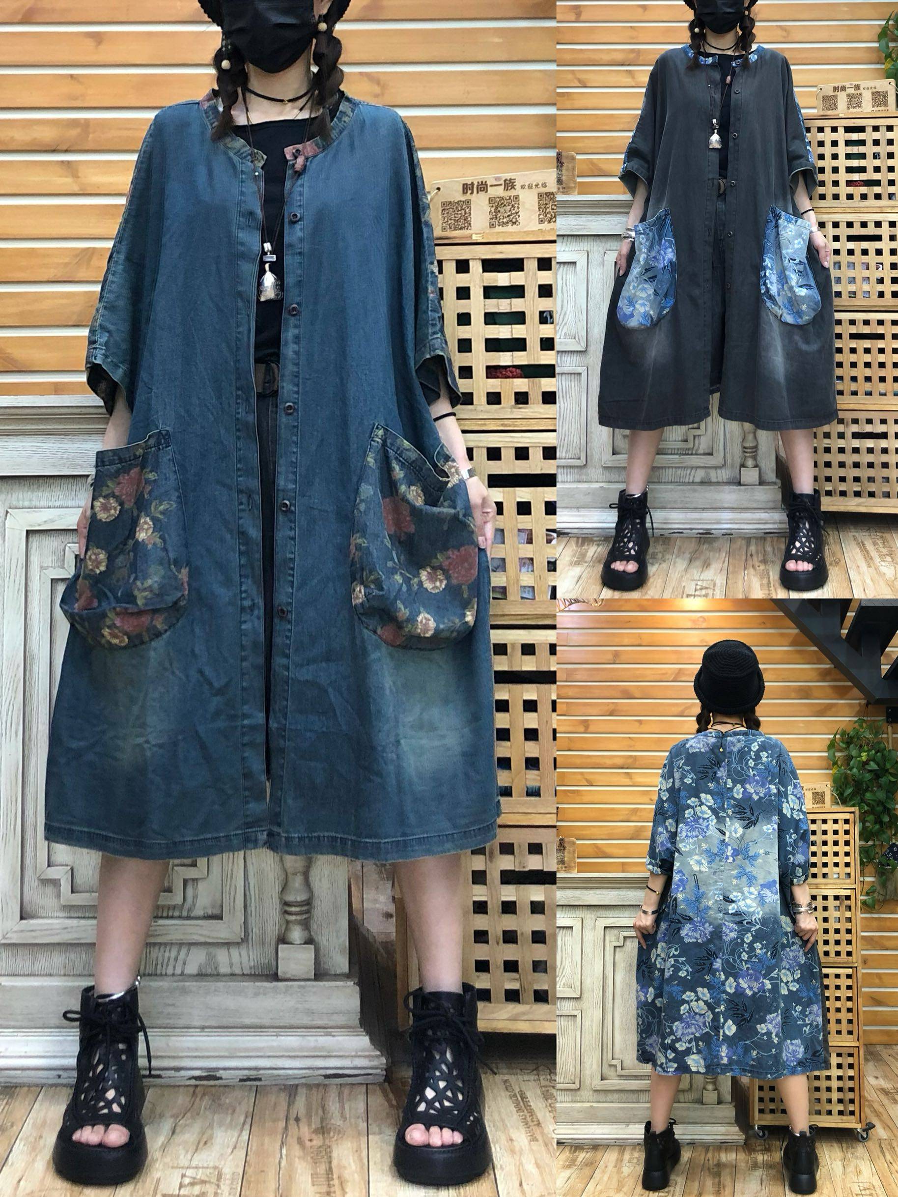 复古印花牛仔开衫连衣裙遮肉外套