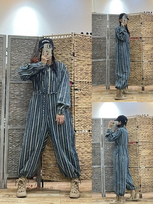 复古条纹牛仔灯笼裤女2024年春季新款宽松休闲抽绳收腰显瘦九分裤