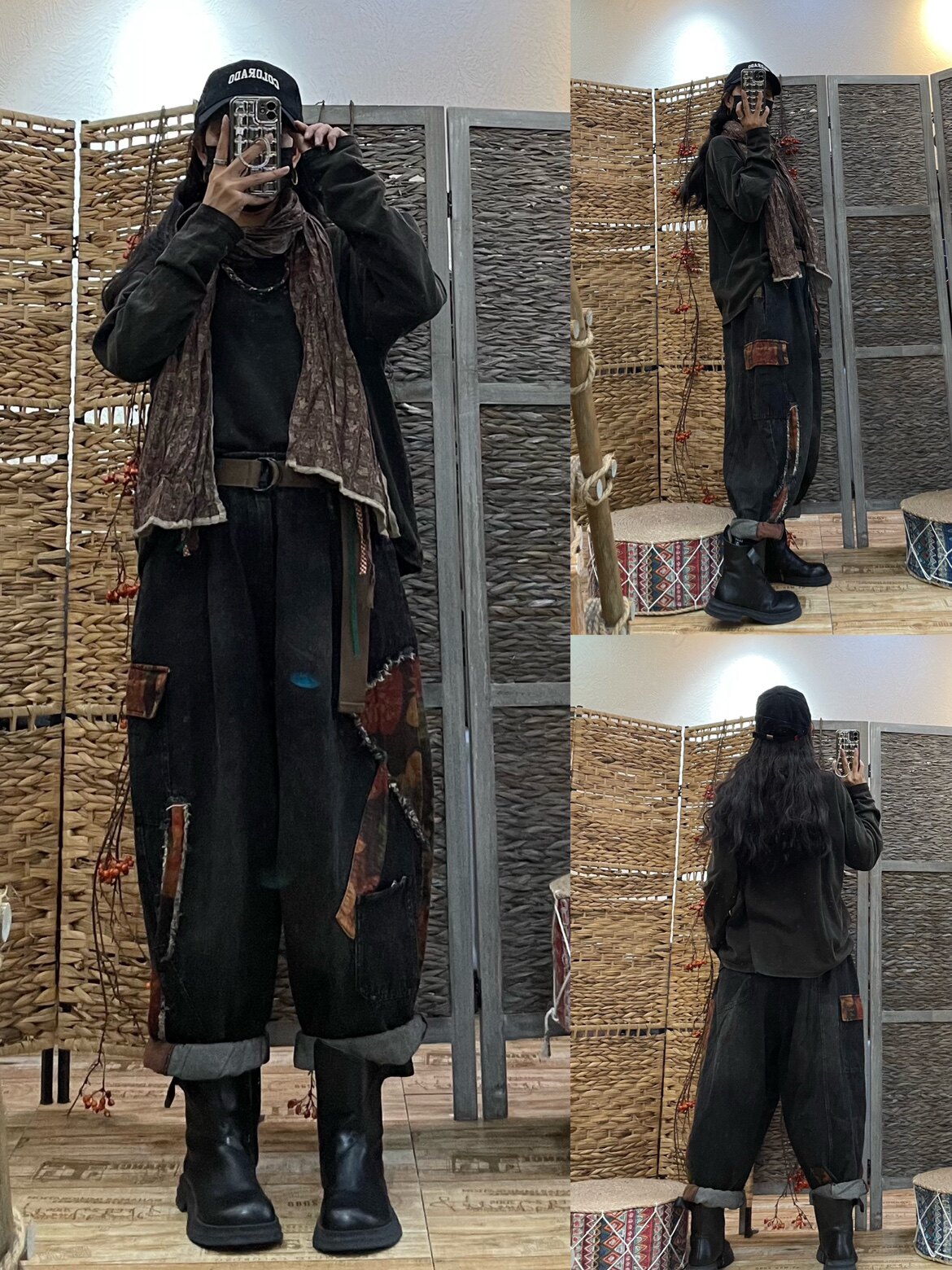 复古印花贴布毛边牛仔哈伦裤女秋冬宽松大码松紧腰休闲复古休闲裤