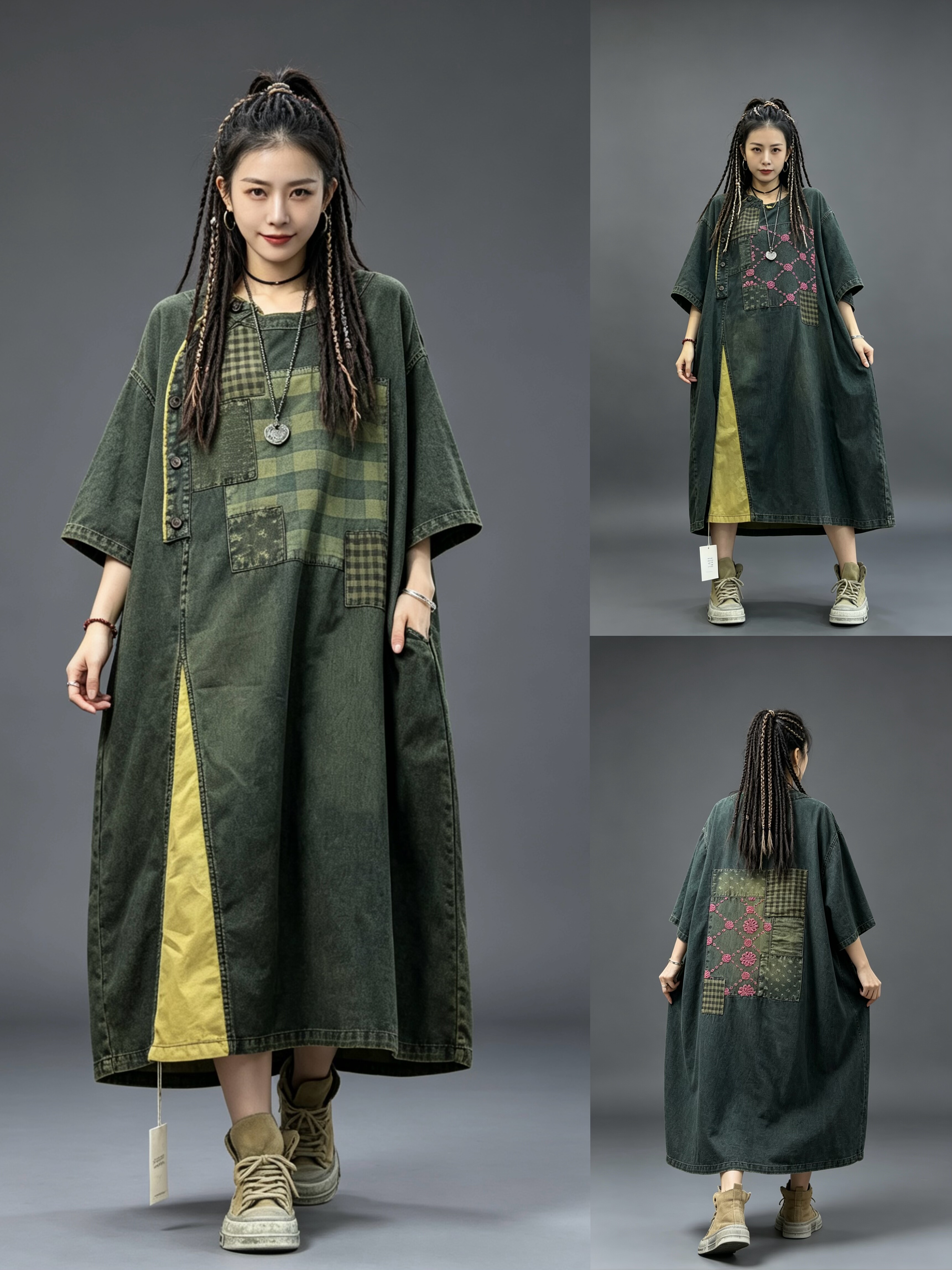 原创复古拼接印花牛仔连衣裙女 夏季新款宽松休闲文艺刺绣连衣裙