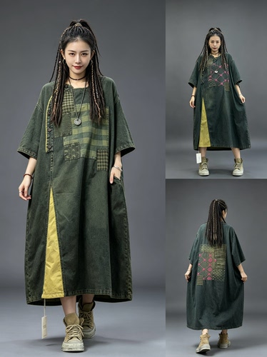 原创复古拼接印花牛仔连衣裙女 夏季新款宽松休闲文艺刺绣连衣裙