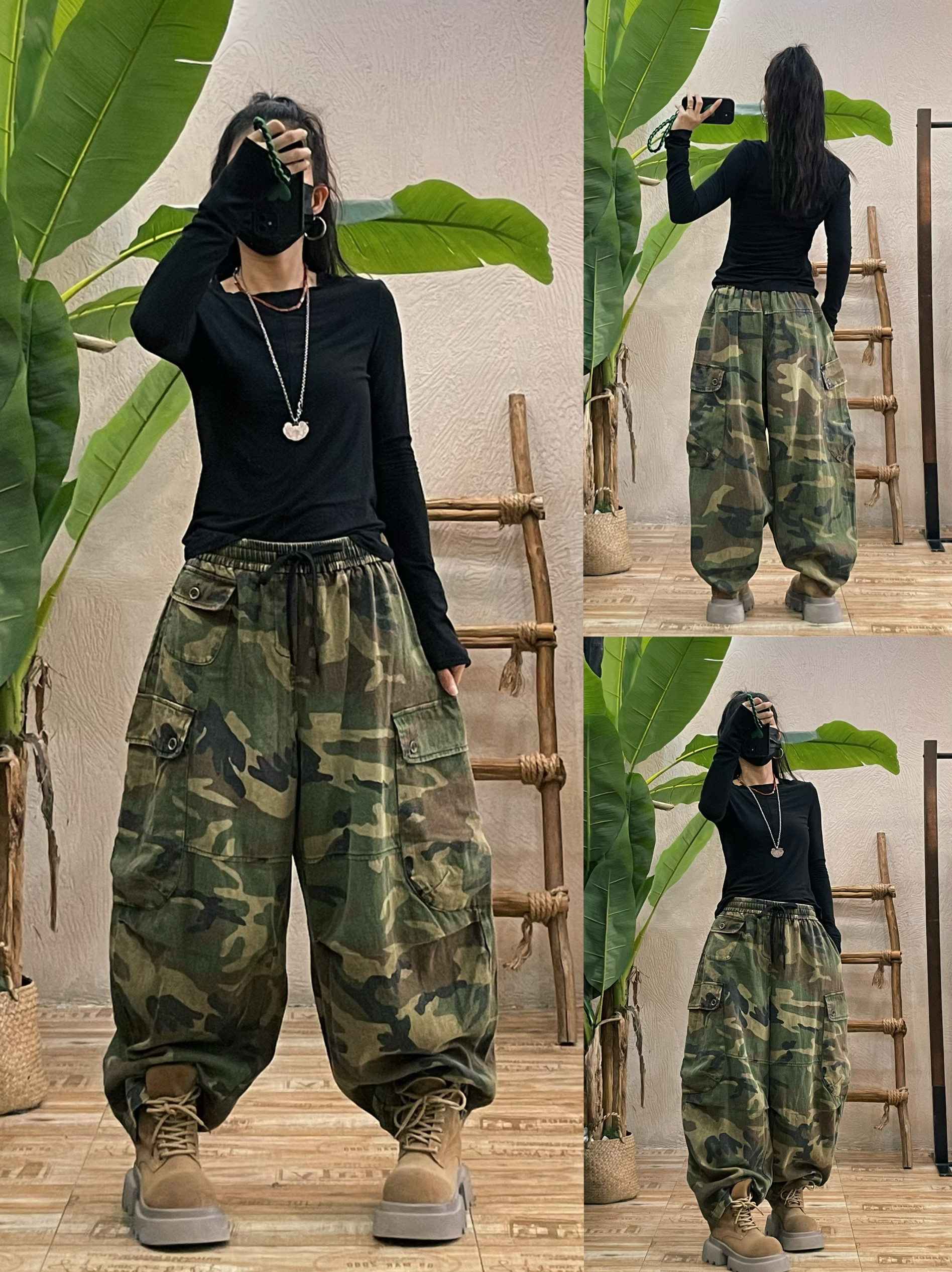 迷彩牛仔工装阔腿裤女2025早秋新款宽松大码复古做旧休闲直筒长裤