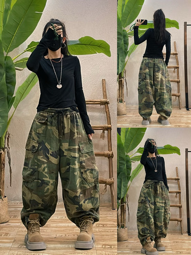迷彩牛仔工装阔腿裤女2025早秋新款宽松大码复古做旧休闲直筒长裤
