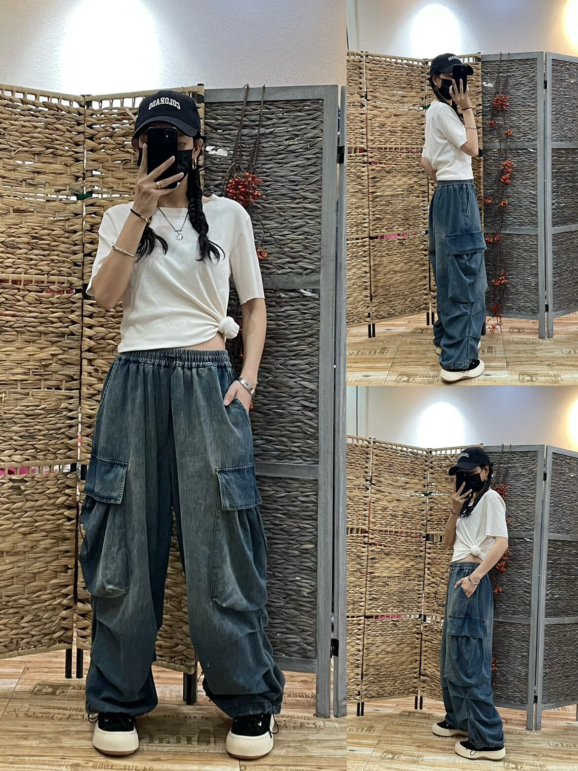 做旧洗水牛仔工装裤女 2024春季新款宽松显廋韩版阔腿直筒休闲裤