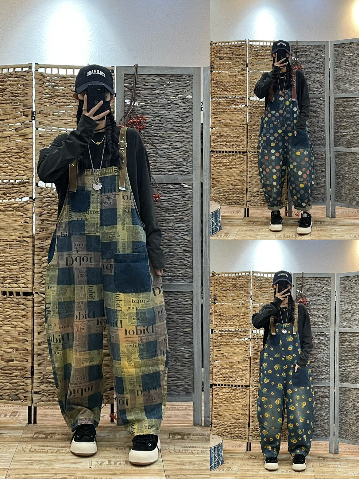 文艺休闲印花牛仔背带裤女2024春夏新款遮肉显瘦减龄宽松大码裤子