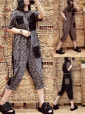 民族风印花拼接牛仔圆领连体裤女夏季高腰绑带宽松九分哈伦休闲裤