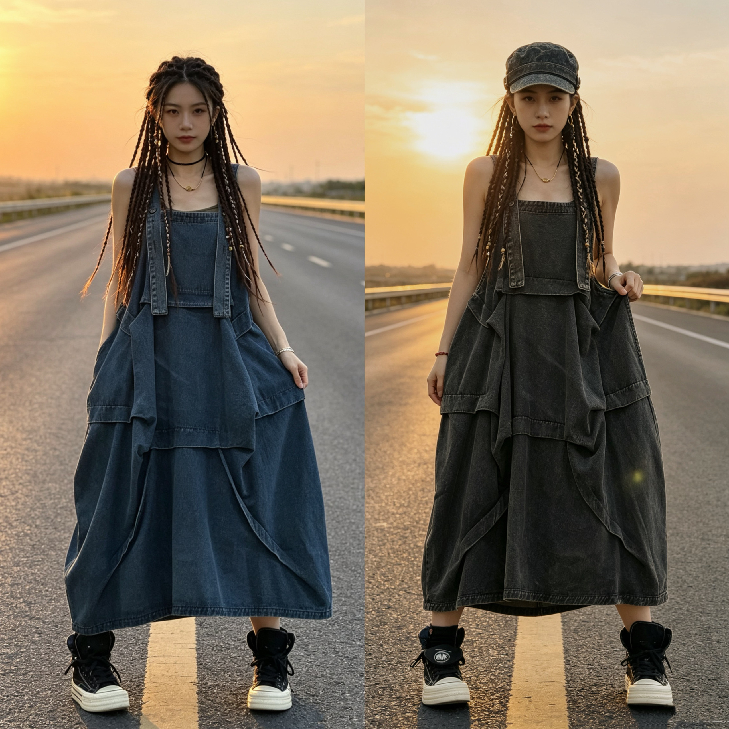 堆叠法式牛仔吊带连衣裙女 春秋新款宽松显廋小众设计褶皱背带裙
