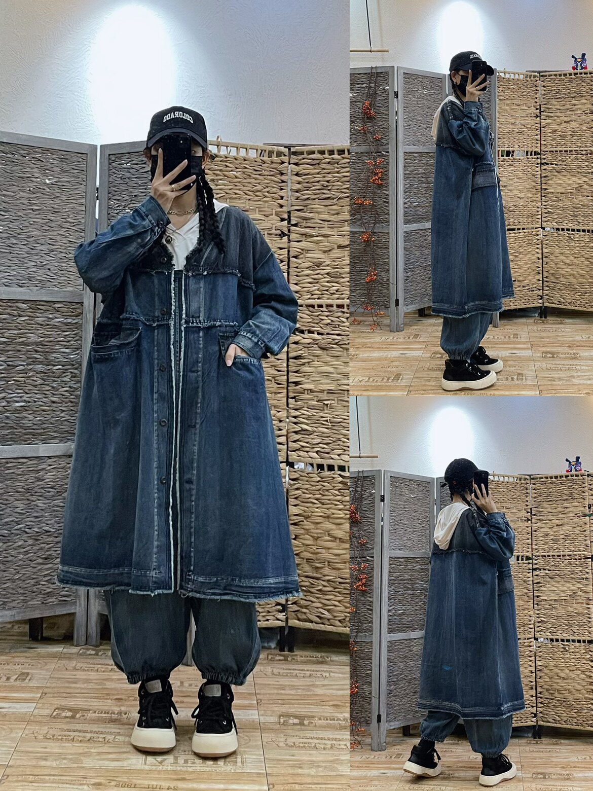撞色毛边重工牛仔风衣外套女 V领复古时尚中长款宽松大口袋上衣