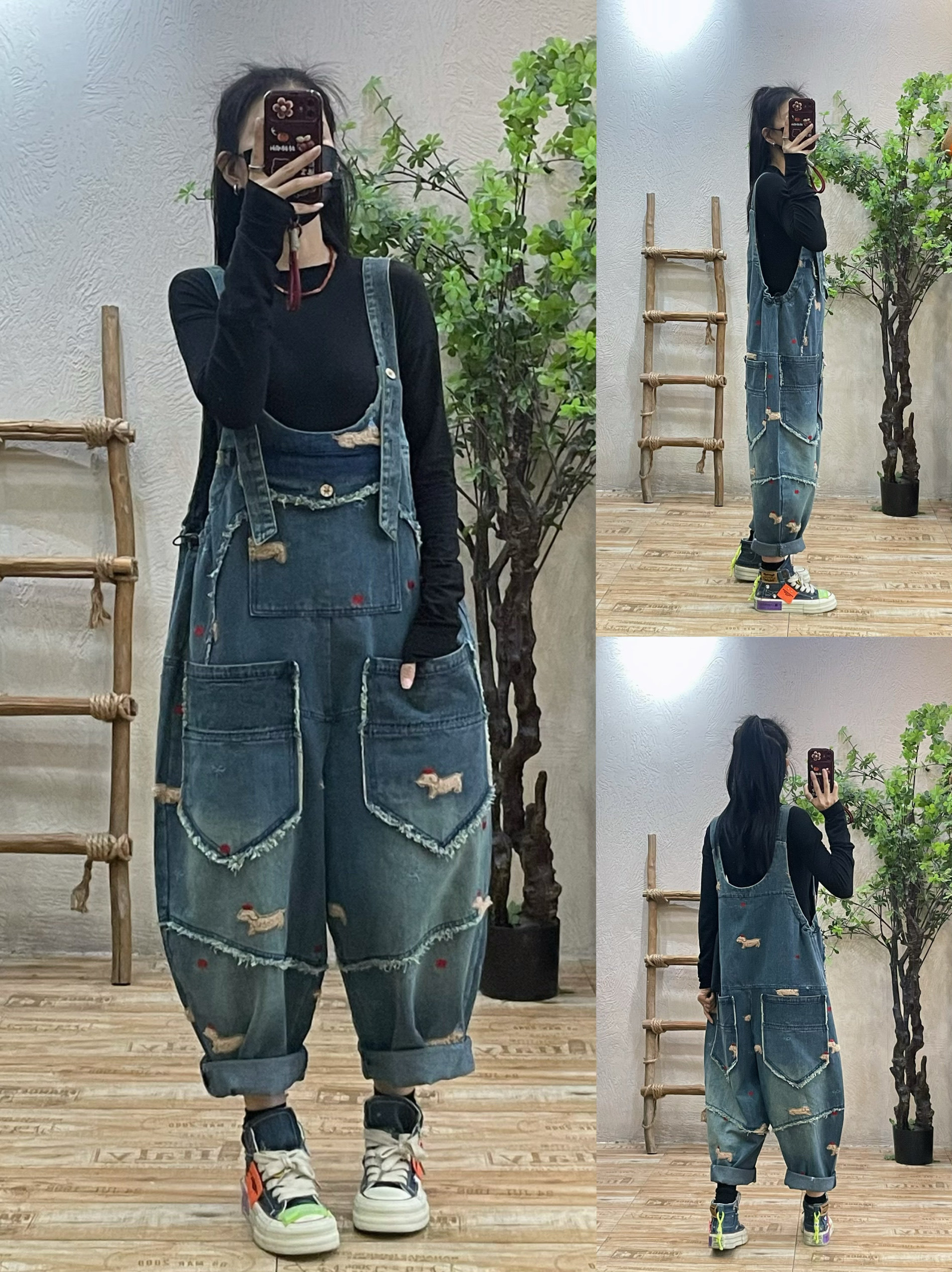 刺绣大口袋牛仔背带裤女2025春季新款宽松毛边复古做旧哈伦九分裤