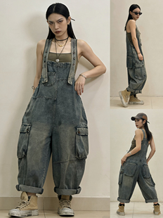 新款 宽松休闲连体九分裤 复古工装 女 牛仔背带裤 原创设计2026春季