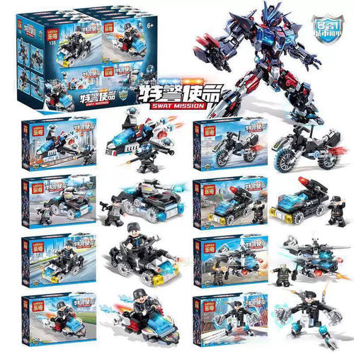 乐奇135特警机甲积木摩托战车飞机8款可合体男孩拼装儿童玩具礼物