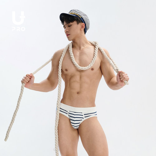 UPRO柚璞螺纹三角内裤蓝条高弹U凸男士内衣