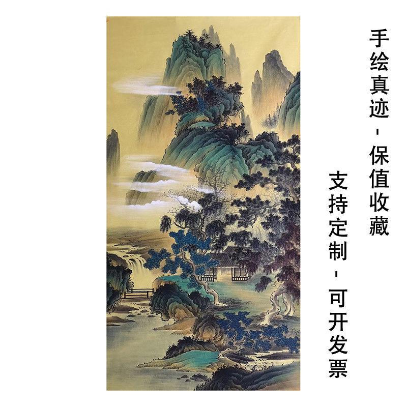 纯手绘新中式仿古玄关壁画 聚宝盆挂画名家风景竖款装饰画山水画