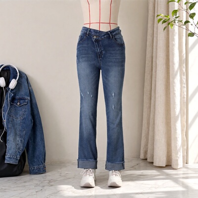 Y2K小众斜扣错位腰破洞微喇裤 Women High Waist 做旧牛仔九分裤